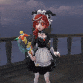 a cartoon girl with red hair and a maid outfit is holding a toy