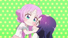 a girl with pink hair is hugging another girl with purple hair on a green background with stars