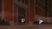 a girl in a blue dress is standing in front of a giant explosion