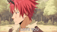 a man with red hair and horns is saying i love you .