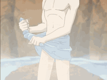 a cartoon drawing of a man wrapped in a blue towel
