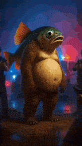a frog with a party hat on is standing in front of a group of police officers .