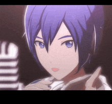a close up of a person with blue hair