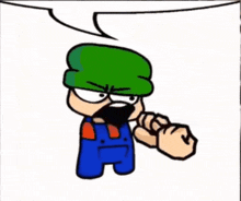 a cartoon character wearing a green hat and blue overalls is holding a fist in front of a speech bubble .