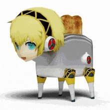 a 3d model of a girl with headphones and a piece of toast on her back