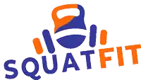 a blue and orange logo for squat fit with a kettlebell