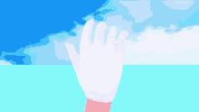 a hand in a white glove is reaching out towards the sky