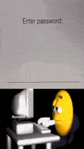 a yellow smiley face is sitting at a desk typing on a keyboard .