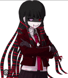 a girl with long black hair is wearing a mask and gloves