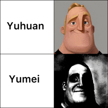 a cartoon character with the name yuhuan next to a black and white image of a man
