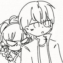 a black and white drawing of a boy and a girl hugging each other