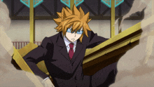 a man in a suit and tie stands in a room
