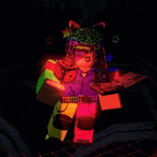 a cartoon character is holding a book and a cd player