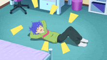 a person with blue hair is laying on the floor