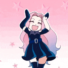 a cartoon girl with pink hair is wearing a blue dress and black gloves