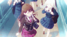 a group of anime girls in school uniforms are walking down a hallway