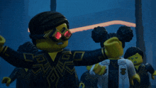 a group of lego figures are standing in a dark room and one of them is wearing sunglasses