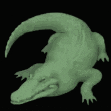 a green alligator on a black background with its mouth open