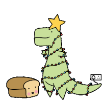 a cartoon of a dinosaur decorating a christmas tree next to a slice of bread