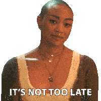 a woman says it 's not too late while wearing a necklace