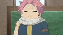 a cartoon character with a scarf around his neck has a tattoo on his arm
