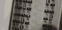 a book is open to a page with a bunch of pictures of people .