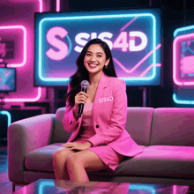 a woman in a pink sis4d suit sits on a couch with a microphone in her hand