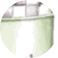 a green circle with a white background and a blurred image of a room .