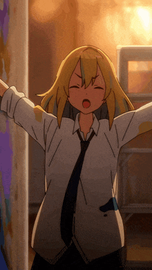 a girl with blonde hair and a white shirt and tie