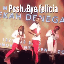 a group of people are dancing in front of a screen that says pssh bye felicia ekah denega