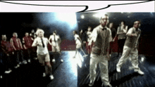 a group of people are dancing on a stage with a speech bubble above them