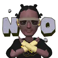 a man wearing sunglasses and headphones is standing in front of a sign that says no