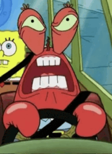 a crab from spongebob squarepants is driving a car with a seat belt .