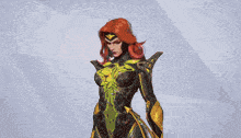 a woman with red hair is wearing a yellow and black costume
