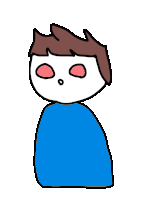 a cartoon drawing of a man with red eyes and a blue shirt