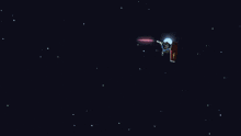 a robot is flying through the air with a sword