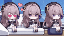 three anime girls with hearts in their eyes are sitting on a couch