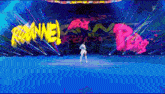 a woman is standing on a stage in front of a sign that says ' roman reigns ' on it .