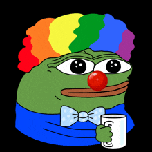a green frog wearing a clown costume and holding a cup of milk