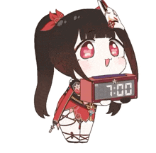 a cartoon girl is holding a clock that says 7:08