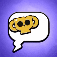 a speech bubble with a skull and a trophy inside of it on a purple background .