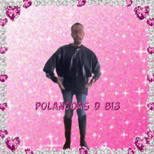 a man is standing in front of a pink background that says polancoas o bib