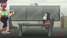 a cartoon of a woman standing next to a table with primate fear written on the bottom right