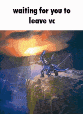 a cartoon of a dragon on a rock with the words waiting for you to leave vc below it