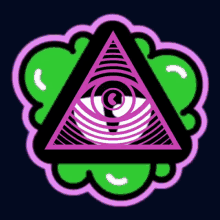 an all seeing eye in a triangle surrounded by green and purple clouds