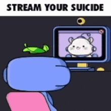 a cartoon character is sitting in front of a computer with the words stream your suicide written on the bottom .