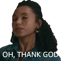 a woman with her eyes closed and the words oh thank god on the bottom