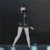 a girl in a school uniform is dancing in front of a wall