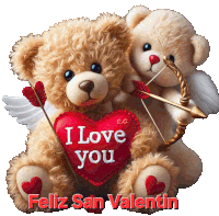 two teddy bears holding a red heart that says i love you