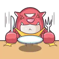 a cartoon character is sitting at a table with a plate and fork